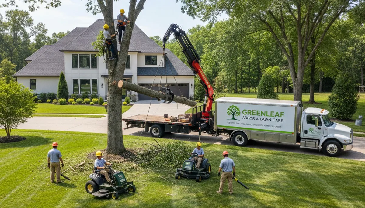 Professional lawn and tree service crew working in a Chicago, IL yard for Chop Chop Tree