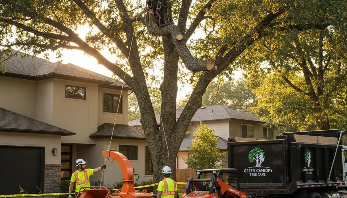 Professional tree removal service in Chicago, IL safely cutting large oak tree branches