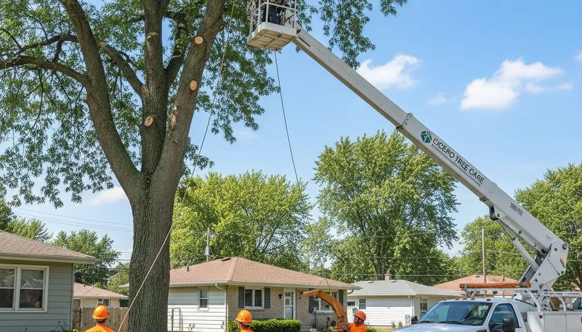 Professional tree removal service crew in Chicago IL clearing large oak safely