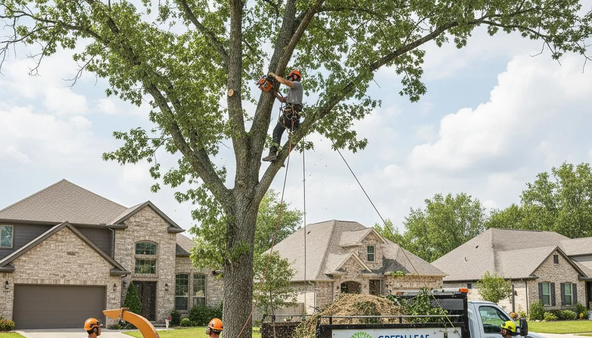 Arborist trimming oak tree branches in Chicago, IL for safe, professional tree care service